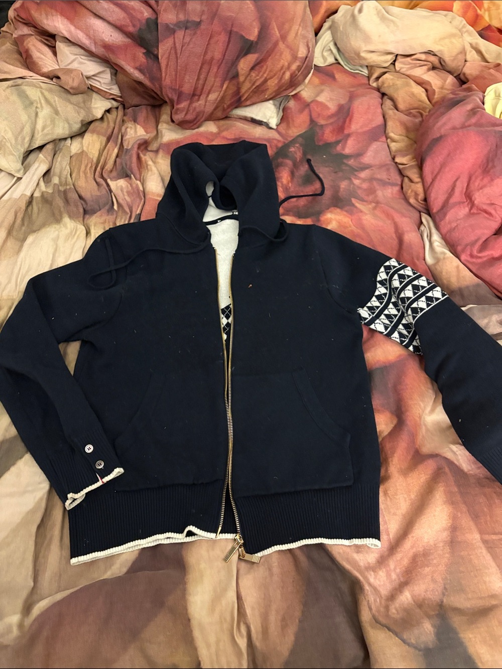 Navy Zip-Up Hoodie with Patterned Sleeve Accent
